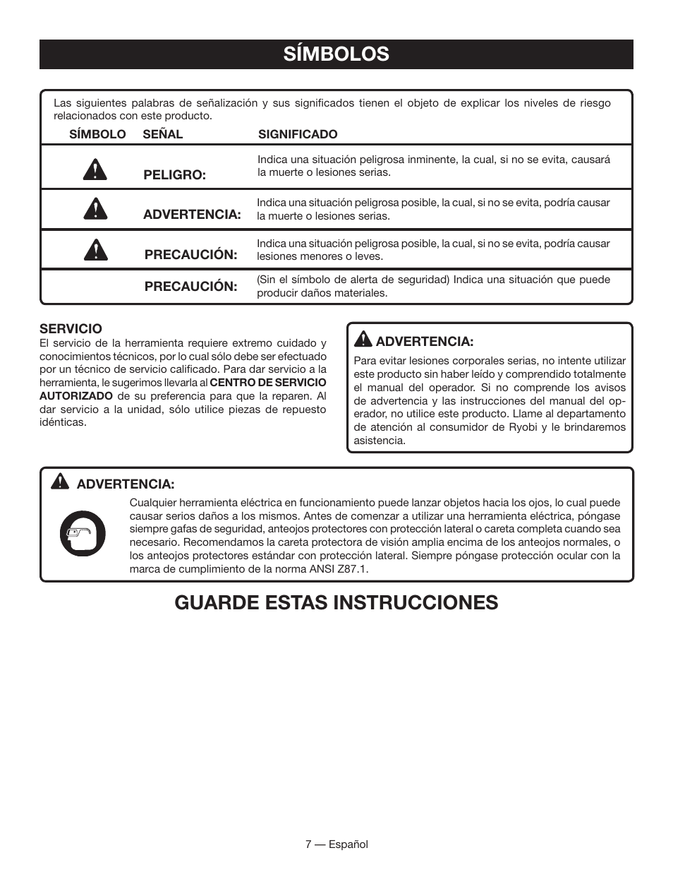 Símbolos, Guarde estas instrucciones | Ryobi WS730 User Manual | Page 37 / 56