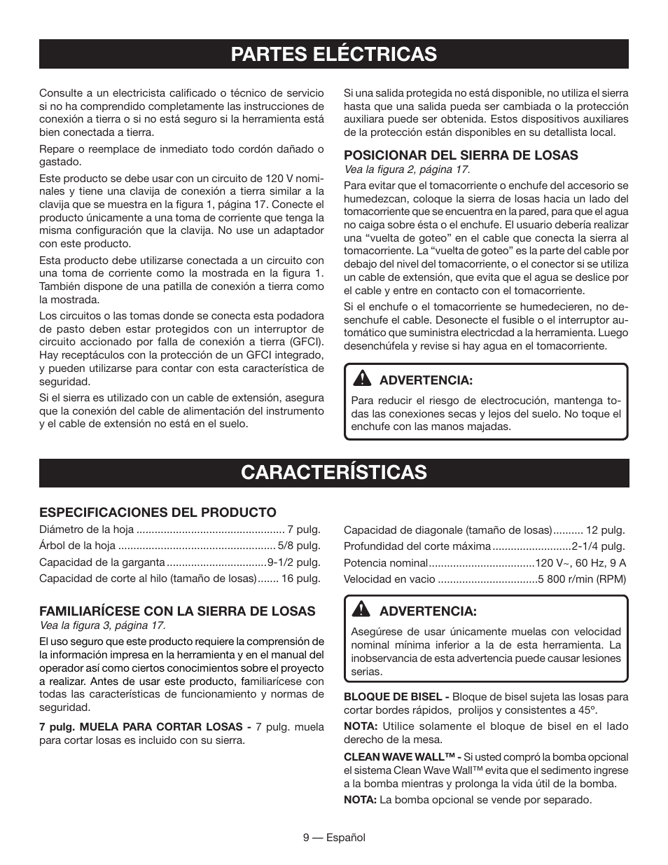 Partes eléctricas, Características | Ryobi WS730 User Manual | Page 39 / 56