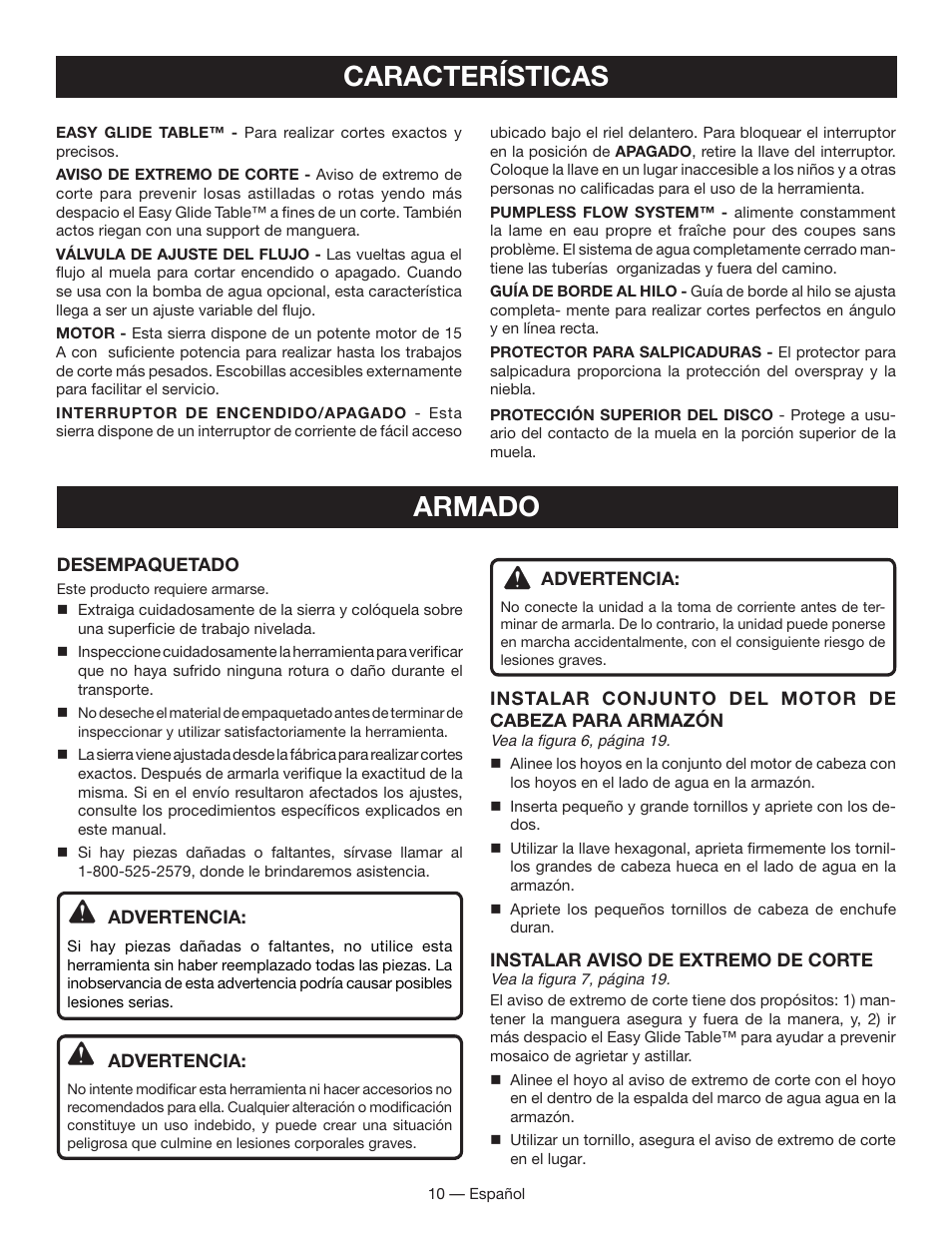 Características, Armado | Ryobi WS730 User Manual | Page 40 / 56