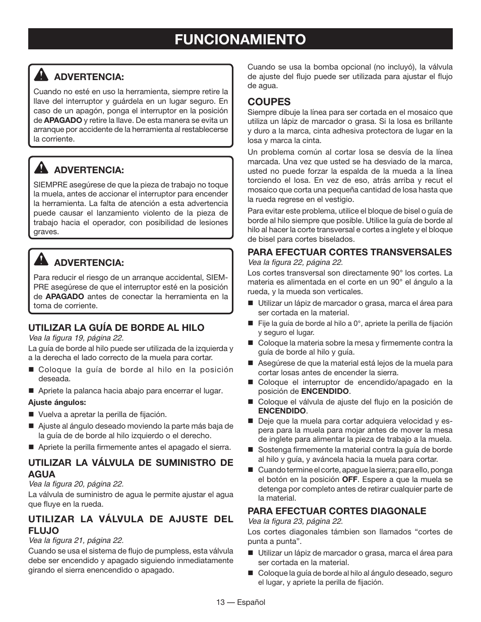 Funcionamiento, Coupes | Ryobi WS730 User Manual | Page 43 / 56