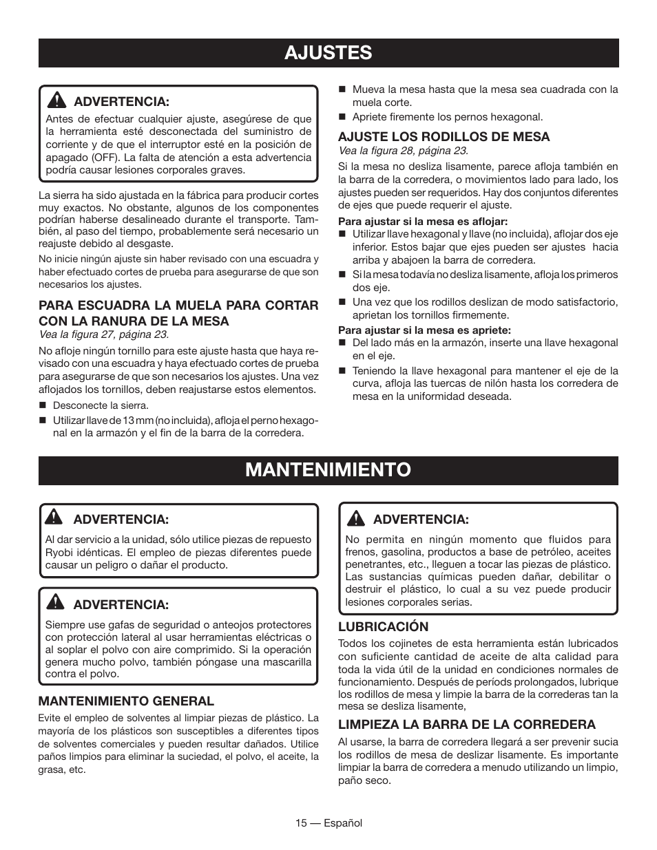 Ajustes, Mantenimiento | Ryobi WS730 User Manual | Page 45 / 56