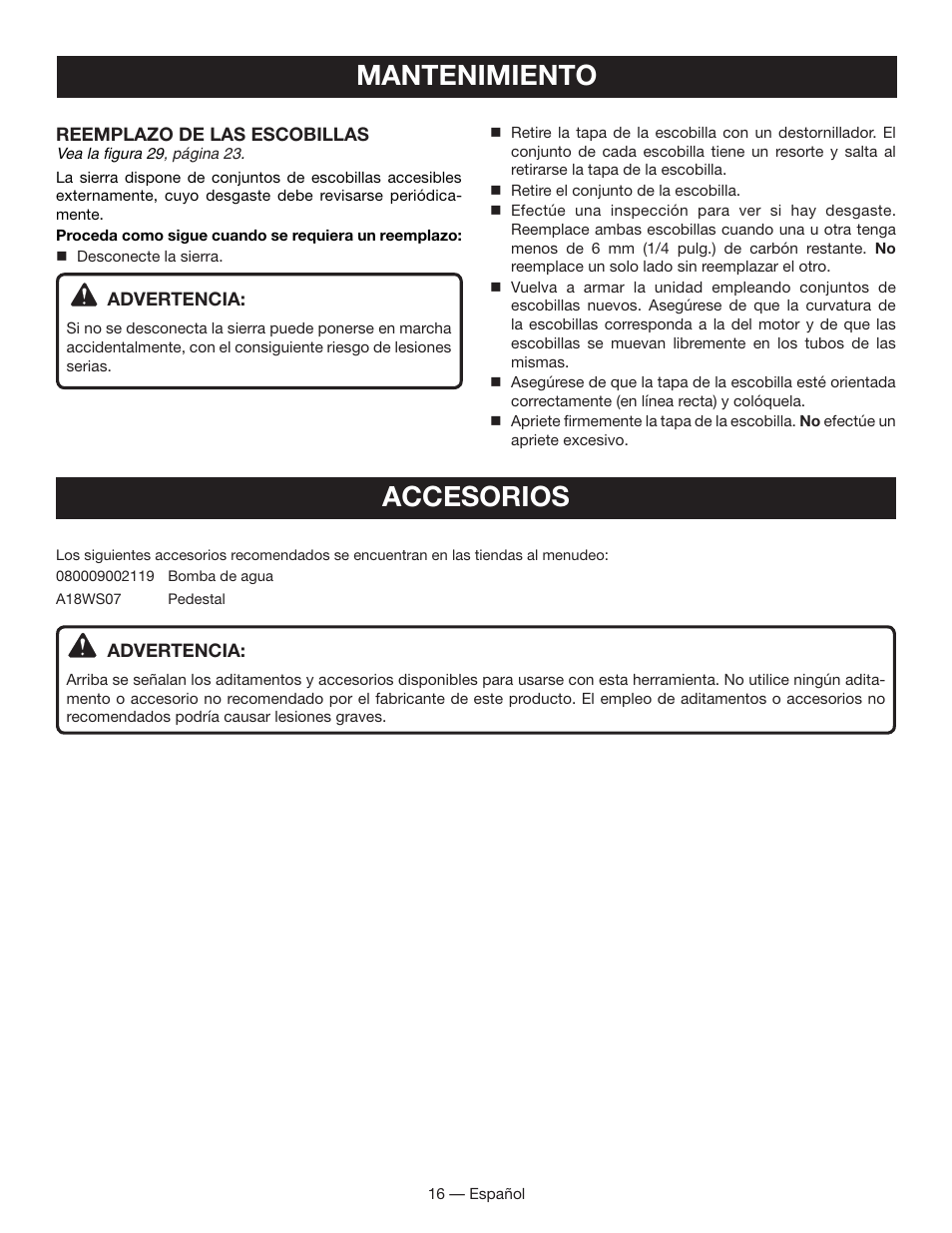 Mantenimiento, Accesorios | Ryobi WS730 User Manual | Page 46 / 56