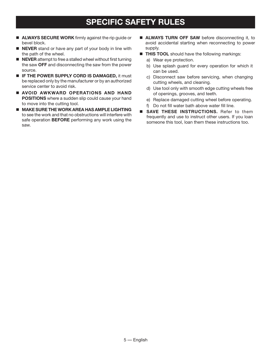 Specific safety rules | Ryobi WS730 User Manual | Page 5 / 56