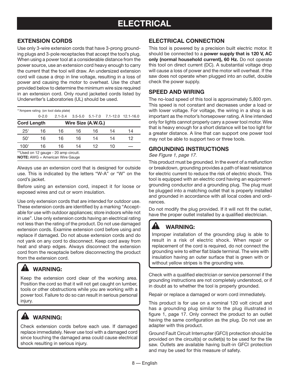 Electrical | Ryobi WS730 User Manual | Page 8 / 56