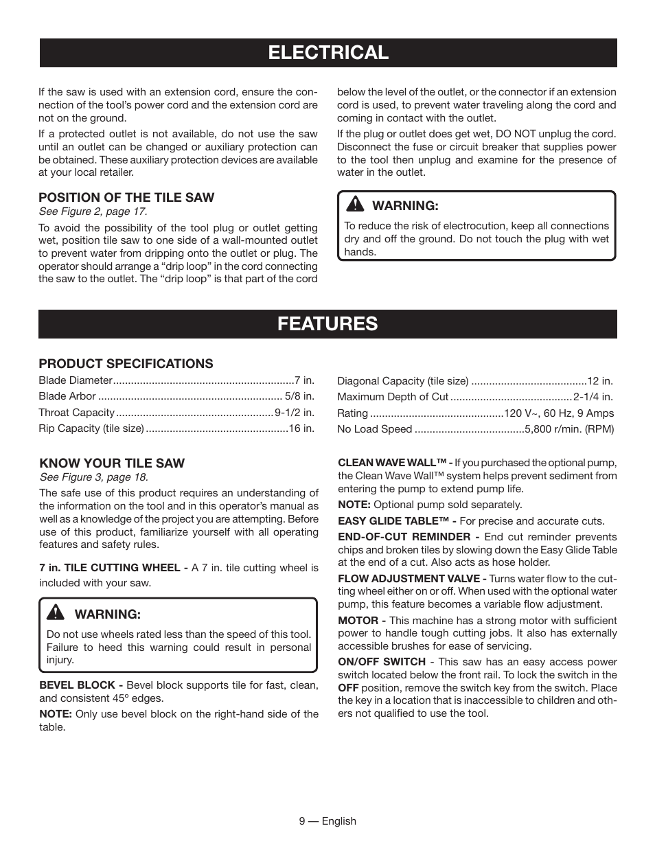 Electrical, Features | Ryobi WS730 User Manual | Page 9 / 56