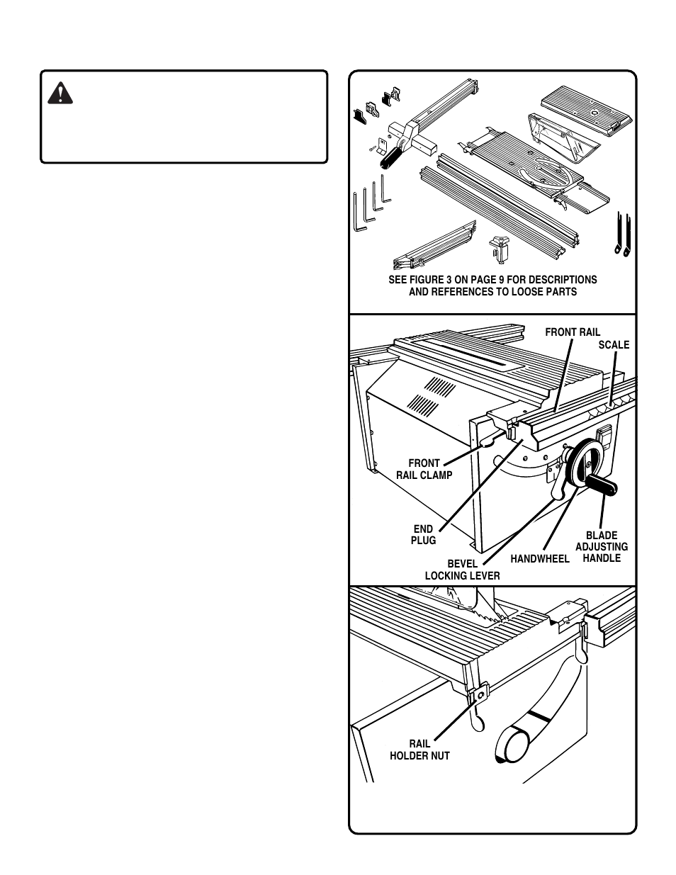 Assembly, Warning, A. frame | B. rails, tables and fences | Ryobi BT3000 User Manual | Page 13 / 48