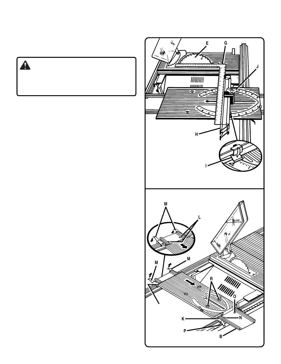 Sliding miter table assembly, Checks and adjustments (continued) warning, Making adjustments to sliding miter table assembly | Ryobi BT3000 User Manual | Page 33 / 48