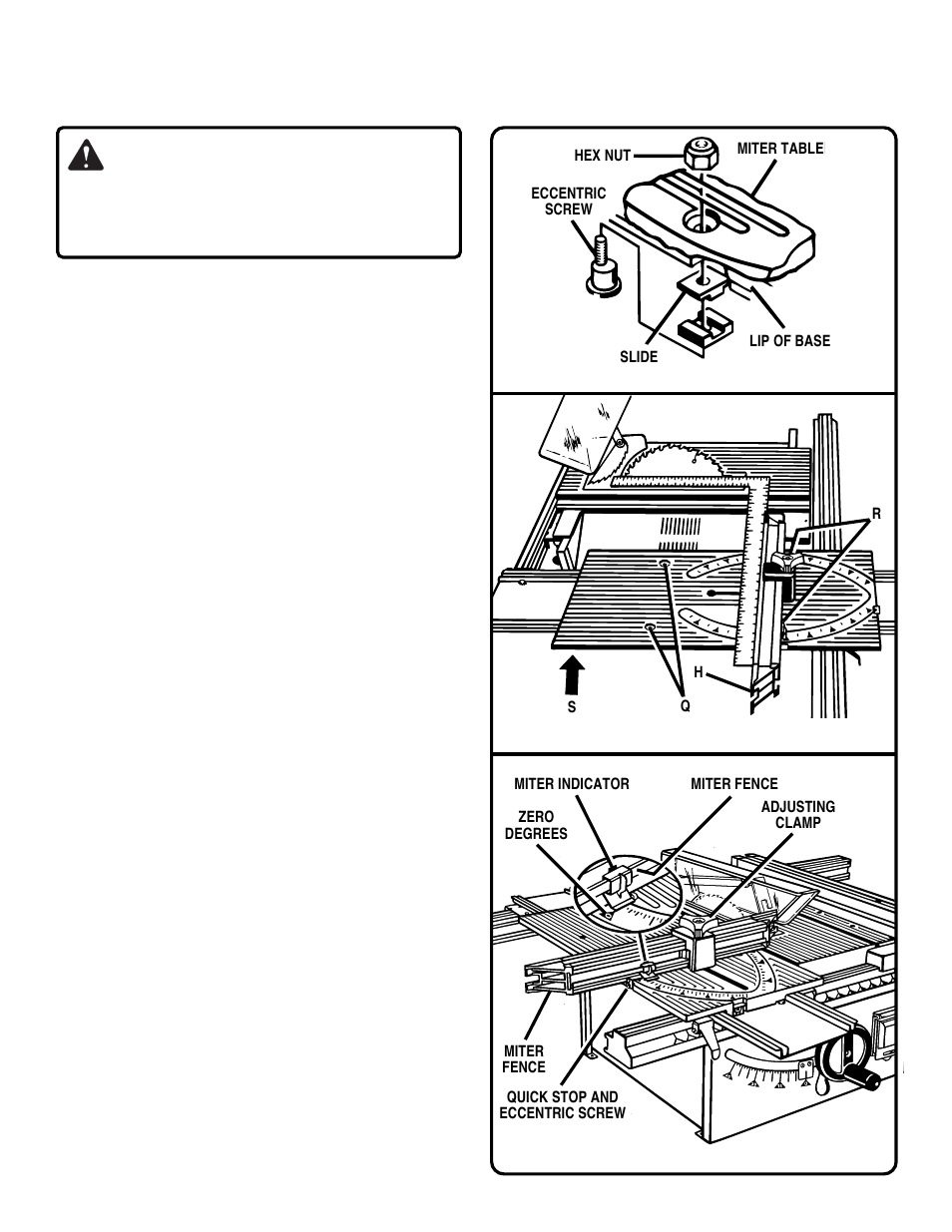 Sliding miter table assembly, Checks and adjustments (continued) warning | Ryobi BT3000 User Manual | Page 34 / 48