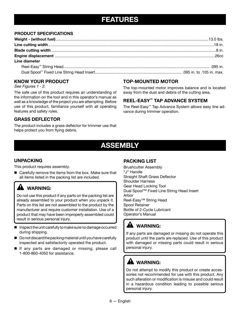 Assembly features | Ryobi RY28060 User Manual | Page 10 / 52