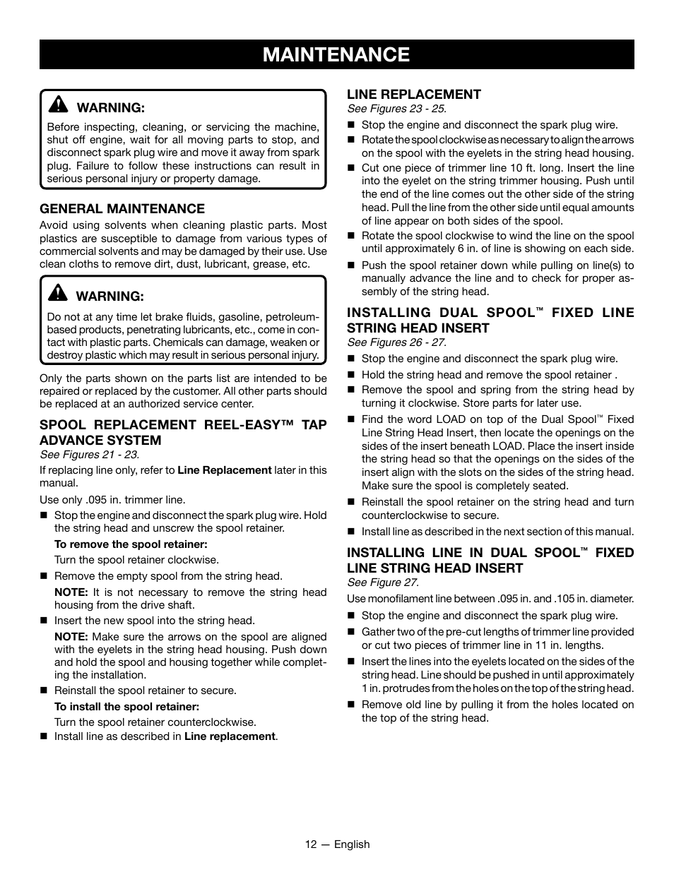 Maintenance | Ryobi RY28060 User Manual | Page 16 / 52