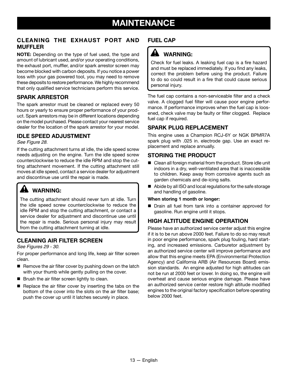 Maintenance | Ryobi RY28060 User Manual | Page 17 / 52