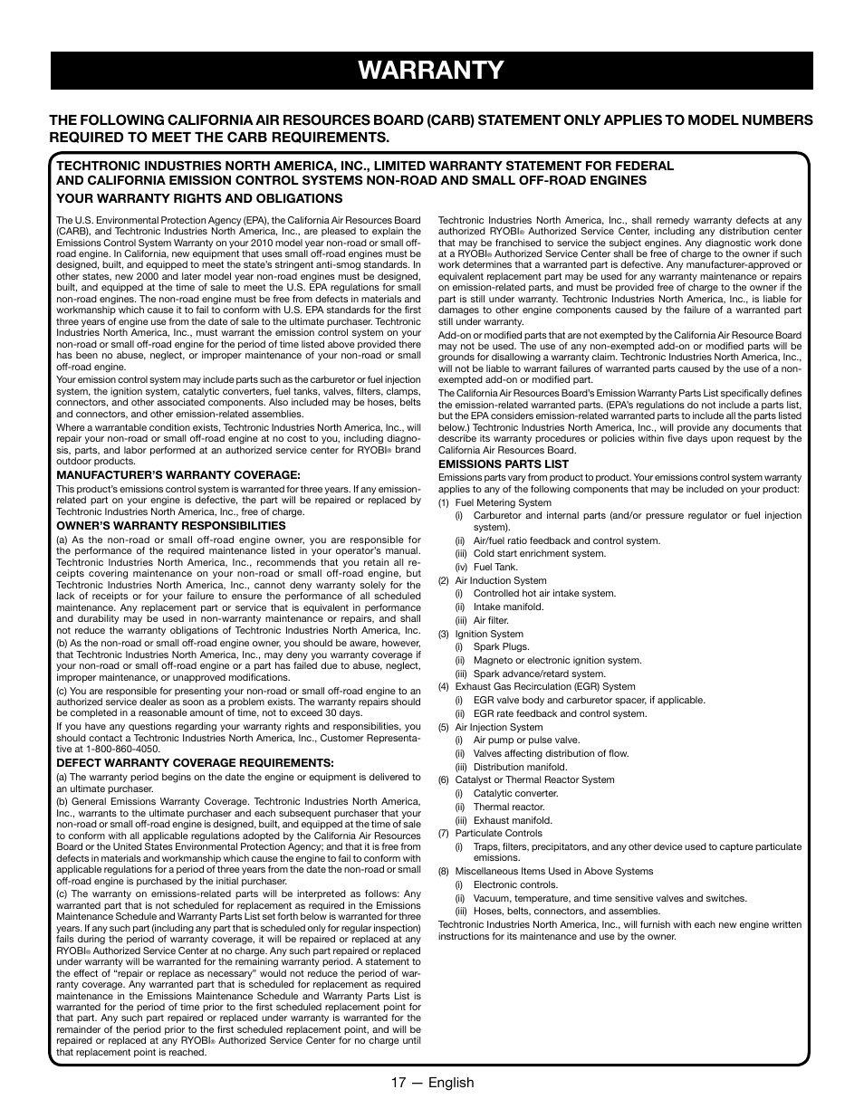 Warranty, 17 — english | Ryobi RY28060 User Manual | Page 21 / 52