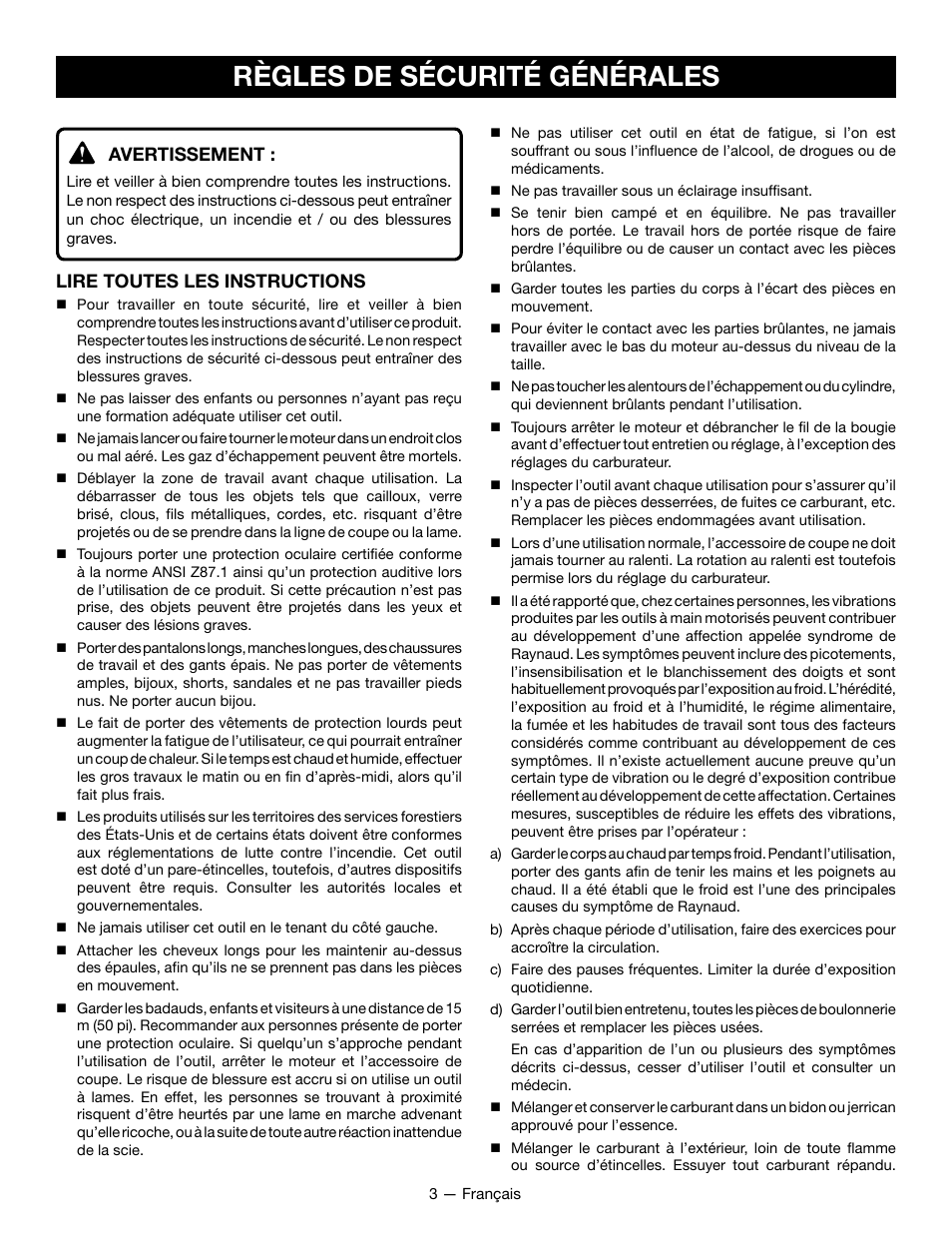 Règles de sécurité générales, Avertissement, Lire toutes les instructions | Ryobi RY28060 User Manual | Page 22 / 52