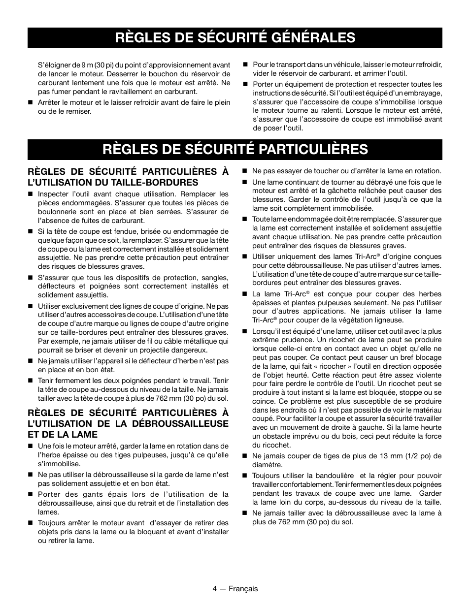 Règles de sécurité générales, Règles de sécurité particulières | Ryobi RY28060 User Manual | Page 23 / 52