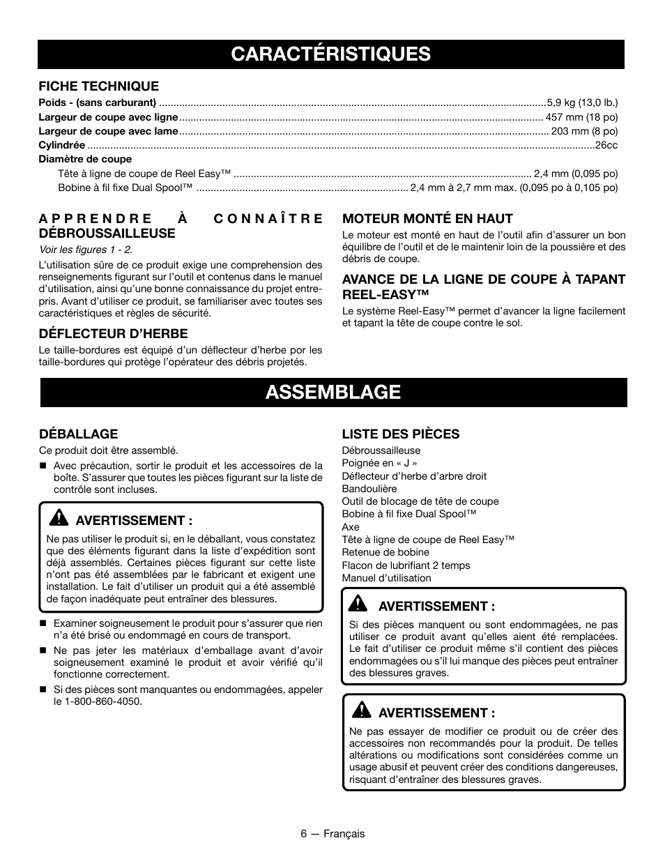 Caractéristiques, Assemblage | Ryobi RY28060 User Manual | Page 25 / 52