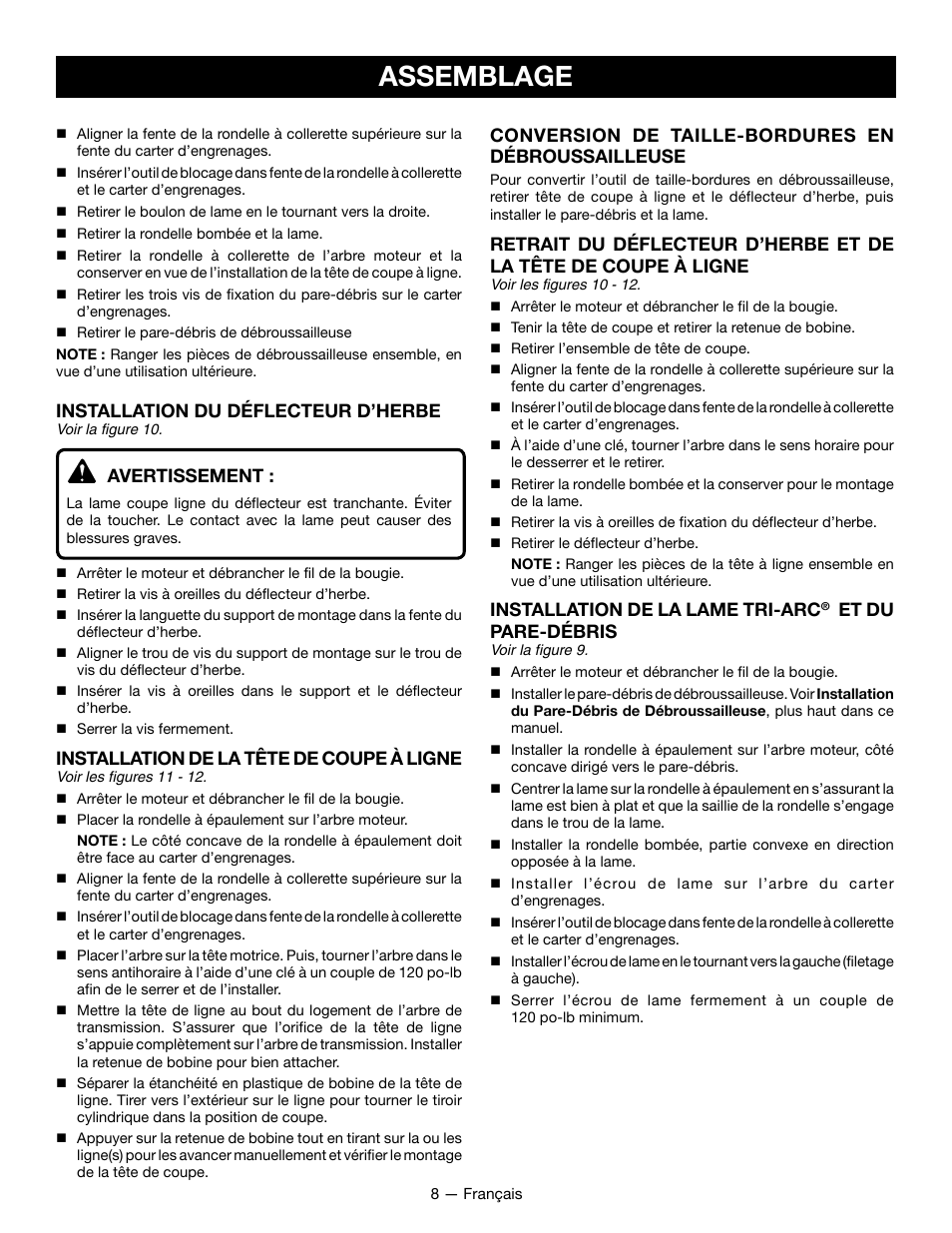 Assemblage, Installation du déflecteur d’herbe, Avertissement | Installation de la tête de coupe à ligne, Conversion de taille-bordures en débroussailleuse, Installation de la lame tri-arc, Et du pare-débris | Ryobi RY28060 User Manual | Page 27 / 52