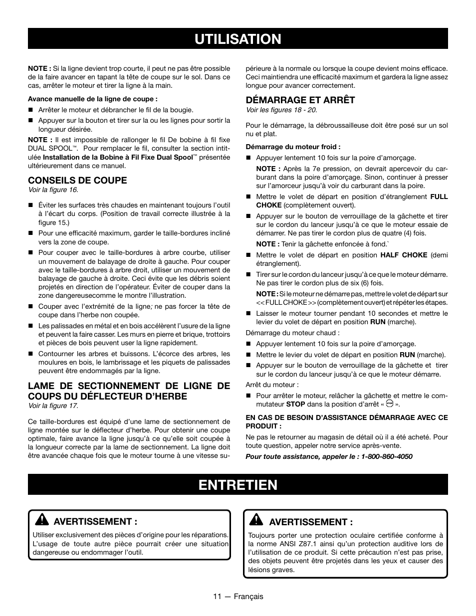 Utilisation entretien, Conseils de coupe, Démarrage et arrêt | Avertissement | Ryobi RY28060 User Manual | Page 30 / 52