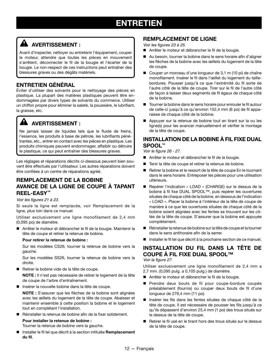 Entretien | Ryobi RY28060 User Manual | Page 31 / 52