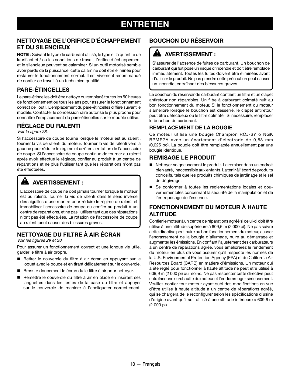 Entretien | Ryobi RY28060 User Manual | Page 32 / 52