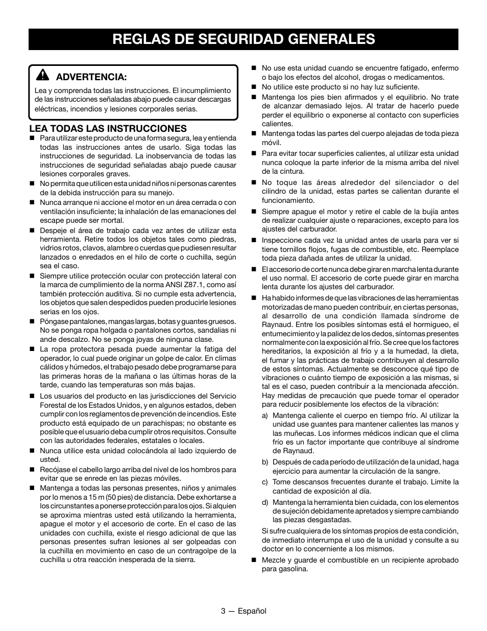 Reglas de seguridad generales, Advertencia, Lea todas las instrucciones | Ryobi RY28060 User Manual | Page 37 / 52