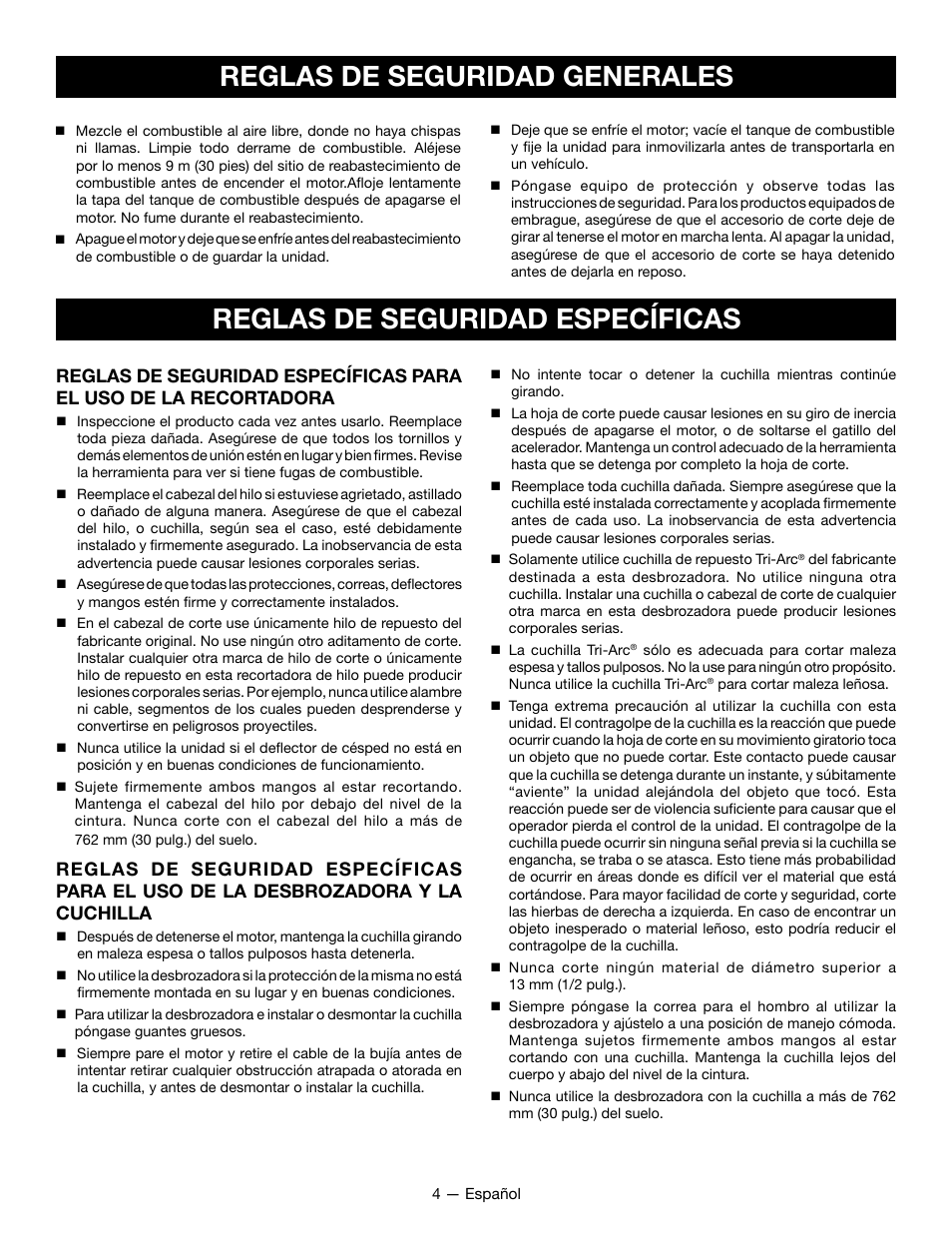 Reglas de seguridad específicas, Reglas de seguridad generales | Ryobi RY28060 User Manual | Page 38 / 52