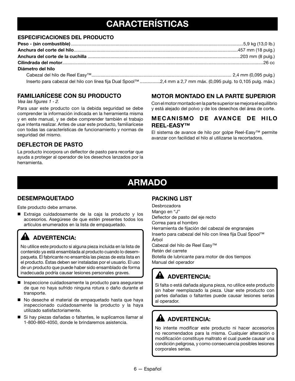 Armado características | Ryobi RY28060 User Manual | Page 40 / 52