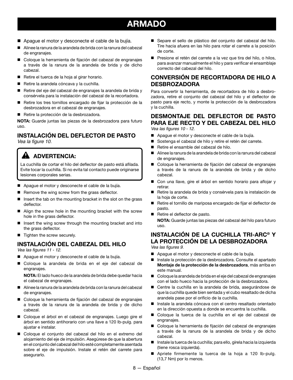 Armado, Instalación del deflector de pasto, Advertencia | Instalación del cabezal del hilo, Conversión de recortadora de hilo a desbrozadora, Instalación de la cuchilla tri-arc, Yla protección de la desbrozadora | Ryobi RY28060 User Manual | Page 42 / 52