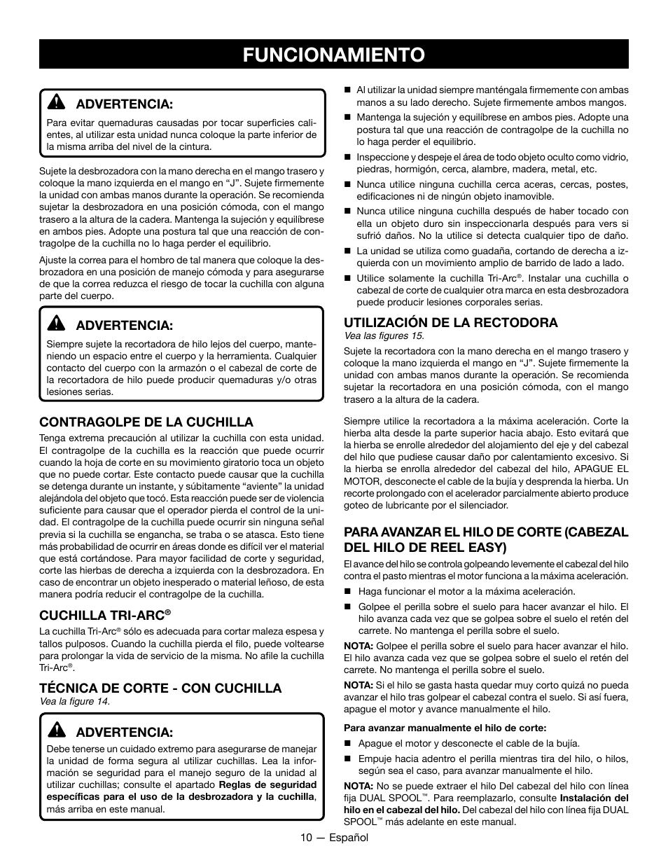 Funcionamiento, Advertencia, Contragolpe de la cuchilla | Cuchilla tri-arc, Técnica de corte - con cuchilla, Utilización de la rectodora | Ryobi RY28060 User Manual | Page 44 / 52