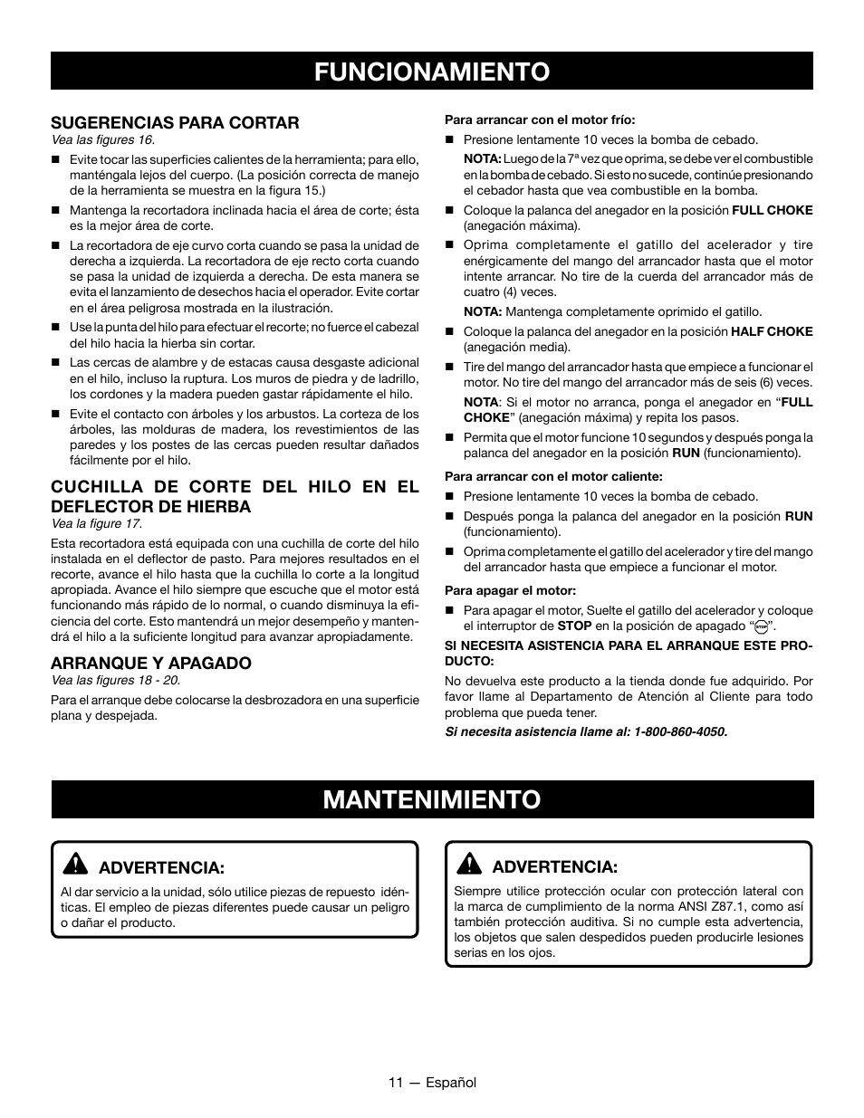 Funcionamiento, Mantenimiento | Ryobi RY28060 User Manual | Page 45 / 52