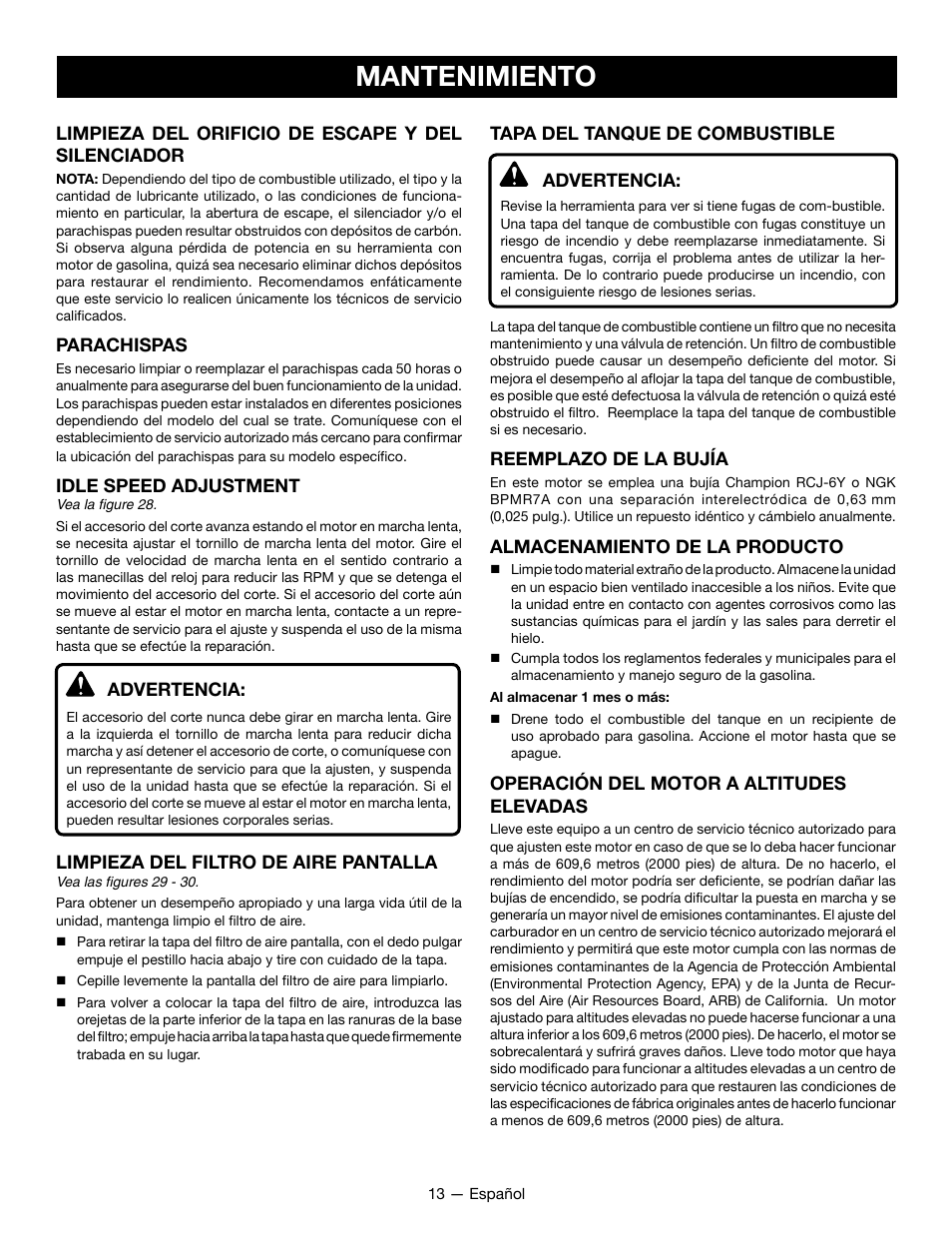 Mantenimiento | Ryobi RY28060 User Manual | Page 47 / 52