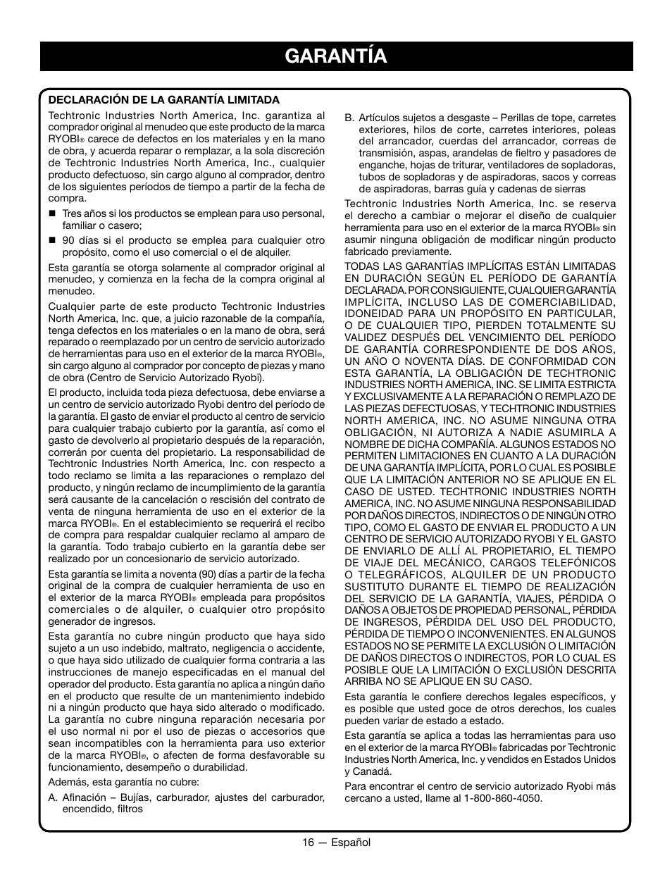 Garantía | Ryobi RY28060 User Manual | Page 50 / 52