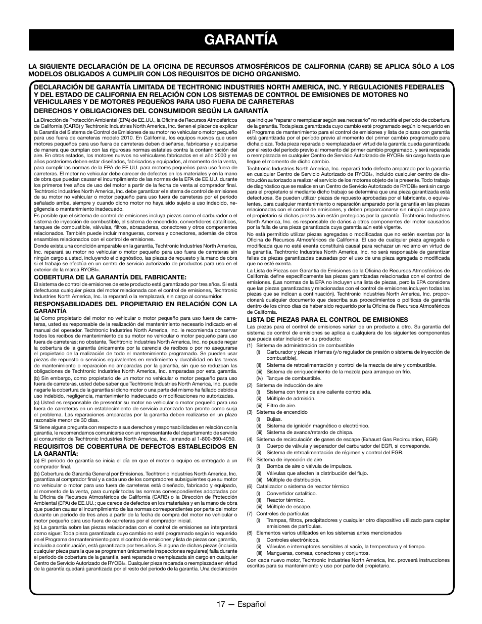 Garantía, 17 — español | Ryobi RY28060 User Manual | Page 51 / 52