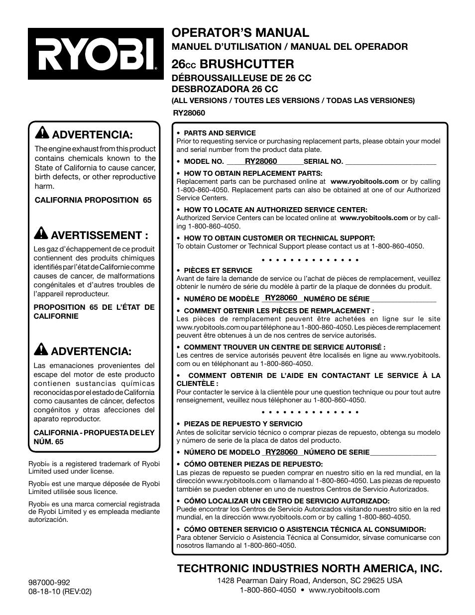 Operator’s manual, Brushcutter, Advertencia | Techtronic industries north america, inc, Avertissement | Ryobi RY28060 User Manual | Page 52 / 52