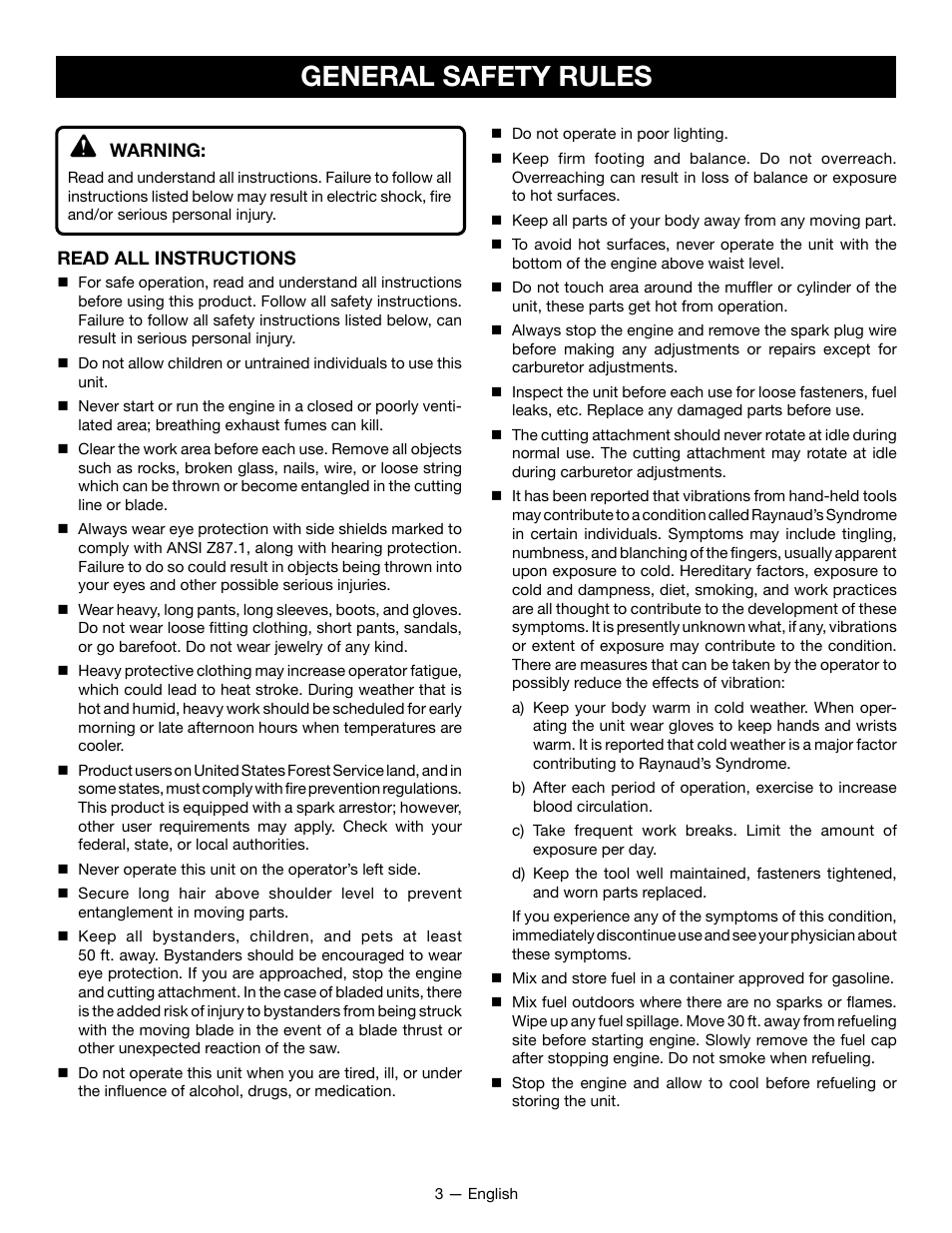 General safety rules | Ryobi RY28060 User Manual | Page 7 / 52