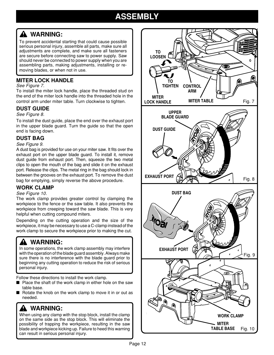 Assembly, Warning, Miter lock handle | Dust guide, Dust bag, Work clamp, Page 12 | Ryobi TS1352 User Manual | Page 12 / 30