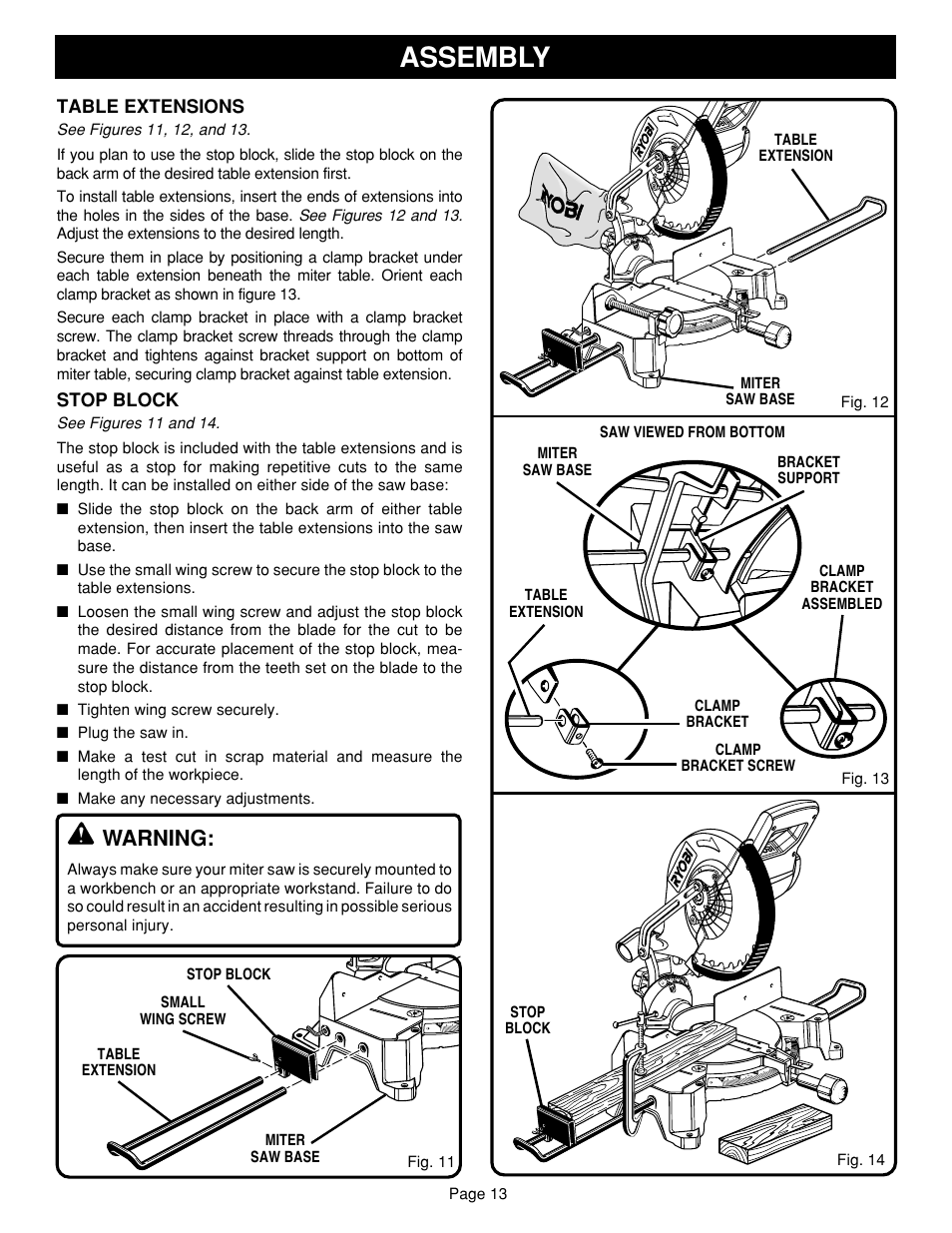 Assembly, Warning, Table extensions | Stop block | Ryobi TS1352 User Manual | Page 13 / 30