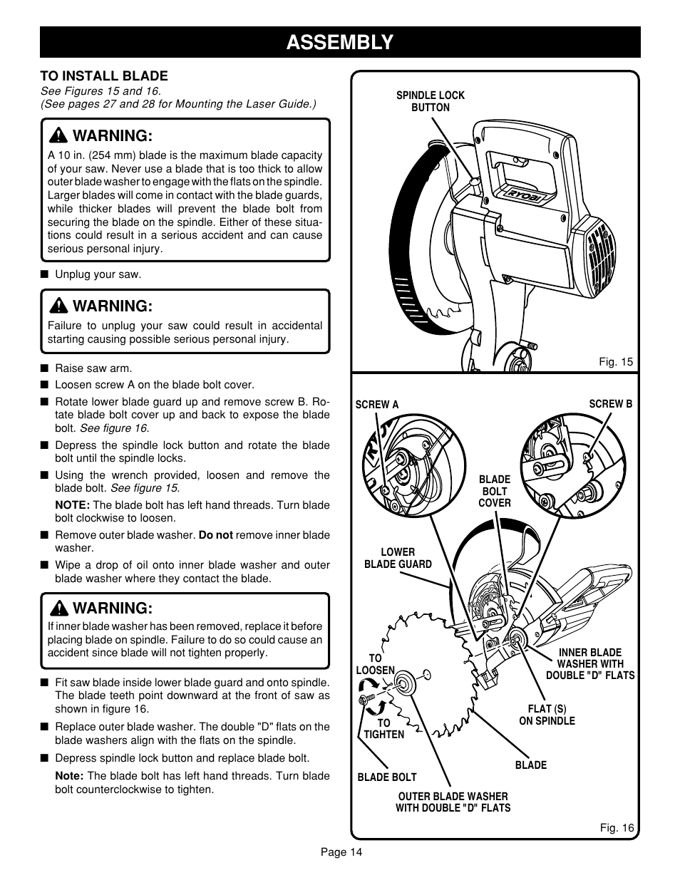 Assembly, Warning | Ryobi TS1352 User Manual | Page 14 / 30