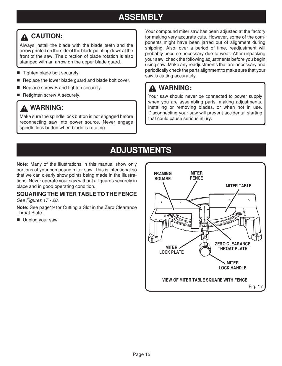 Assembly, Adjustments, Caution | Warning | Ryobi TS1352 User Manual | Page 15 / 30