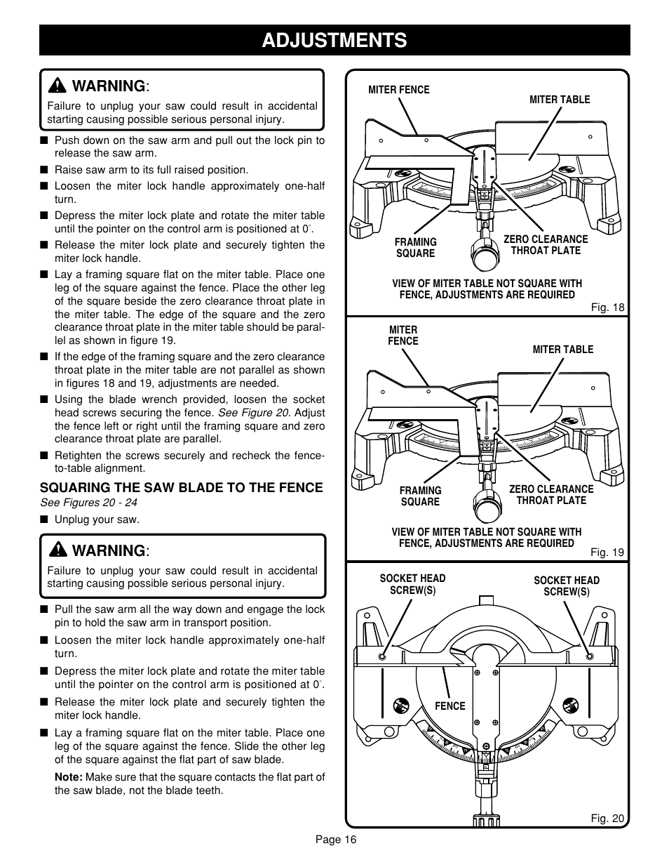 Adjustments, Warning, Squaring the saw blade to the fence | Ryobi TS1352 User Manual | Page 16 / 30
