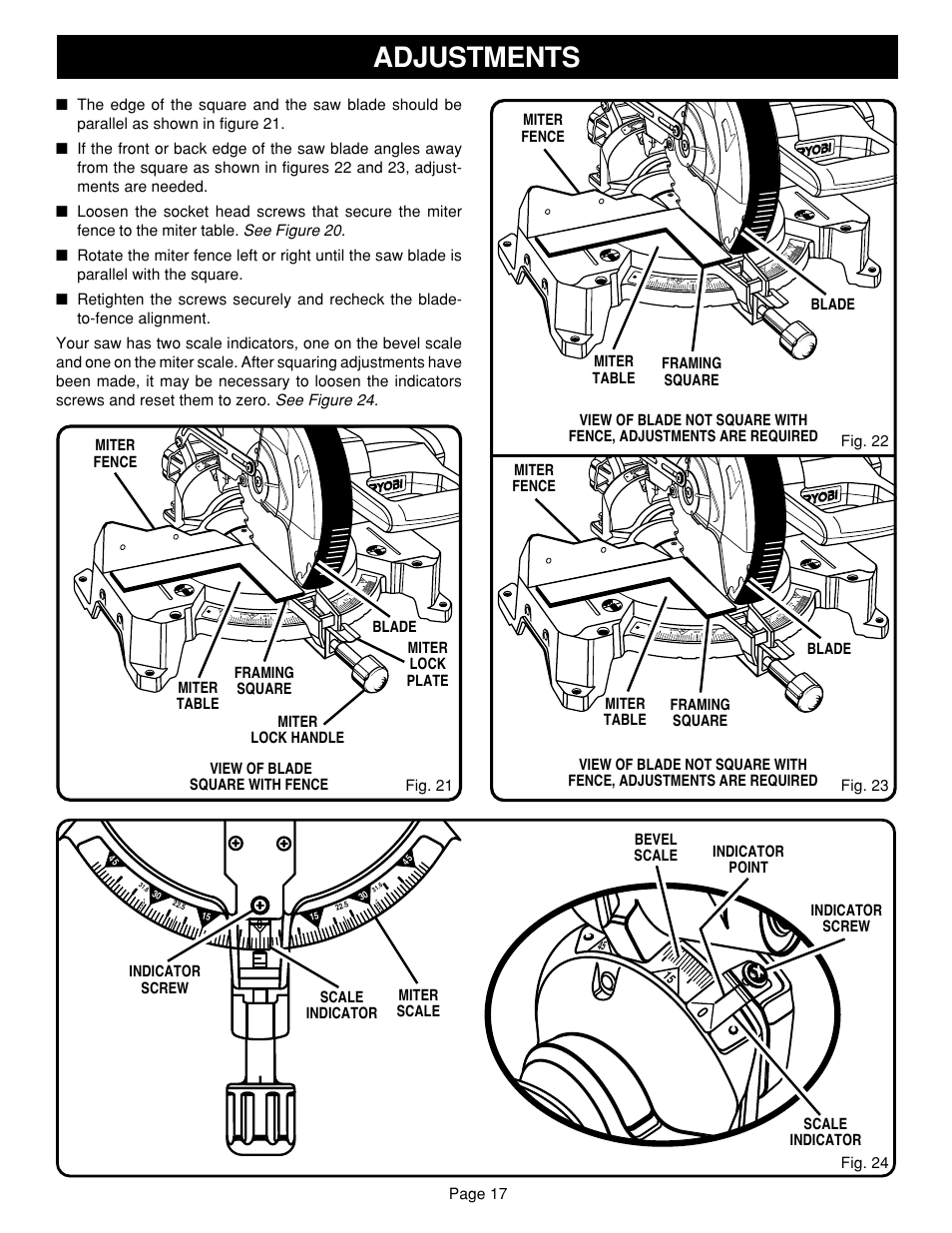 Adjustments, Page 17 | Ryobi TS1352 User Manual | Page 17 / 30