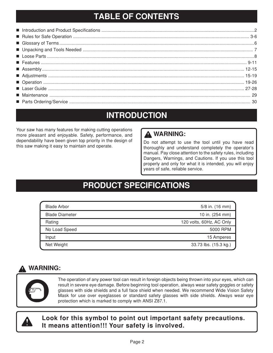 Table of contents product specifications, Introduction, Warning | Ryobi TS1352 User Manual | Page 2 / 30