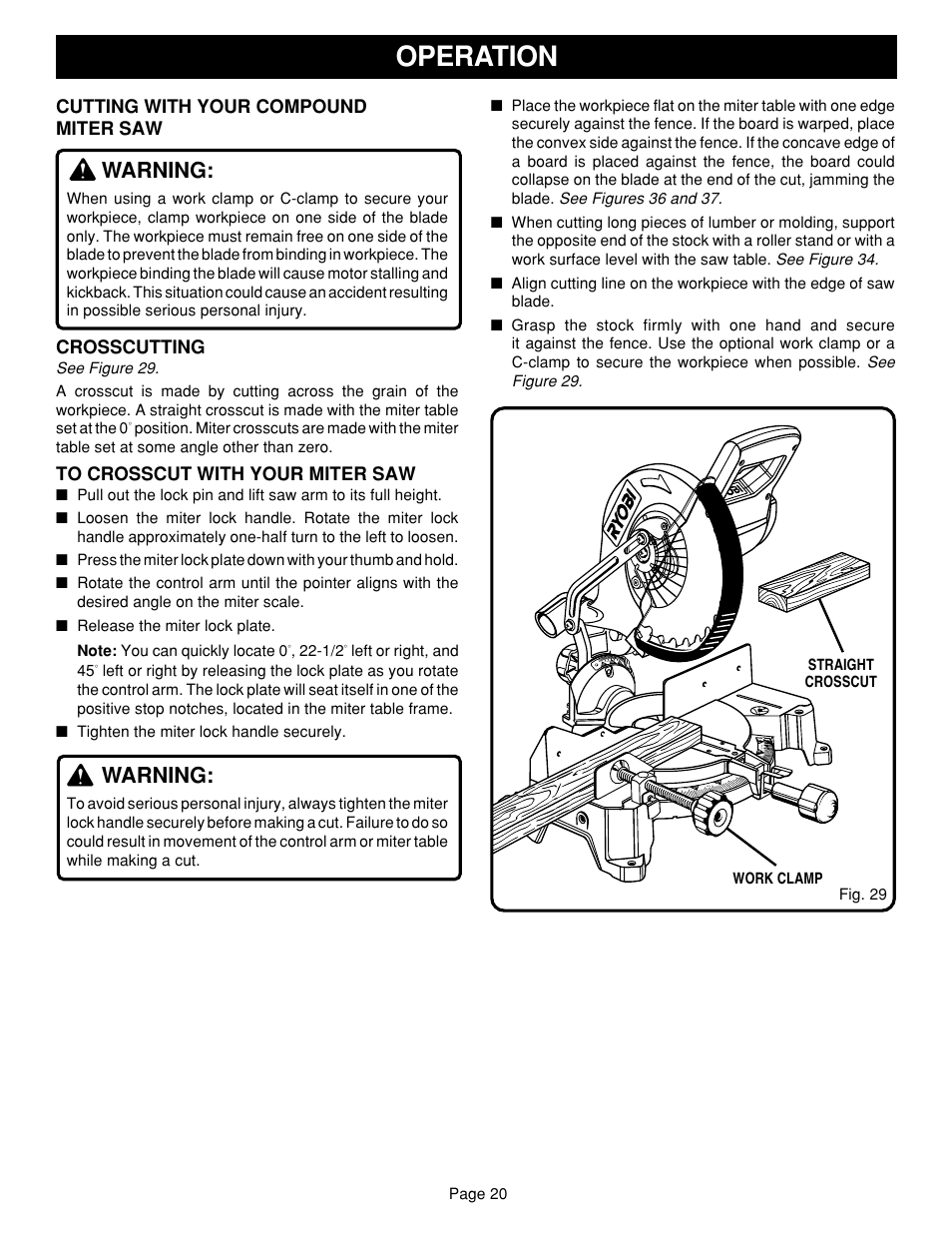 Operation, Warning, Cutting with your compound miter saw | Crosscutting | Ryobi TS1352 User Manual | Page 20 / 30
