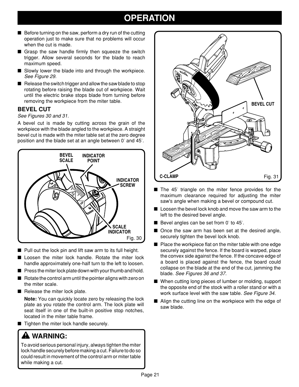 Operation, Warning, Bevel cut | Ryobi TS1352 User Manual | Page 21 / 30