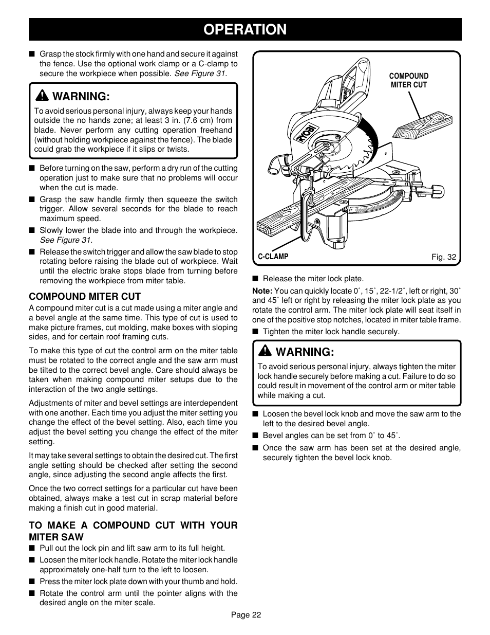 Operation, Warning, Compound miter cut | Ryobi TS1352 User Manual | Page 22 / 30