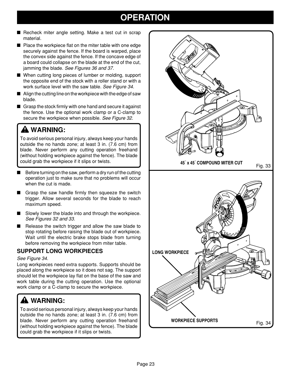 Operation, Warning, Support long workpieces | X 45 | Ryobi TS1352 User Manual | Page 23 / 30