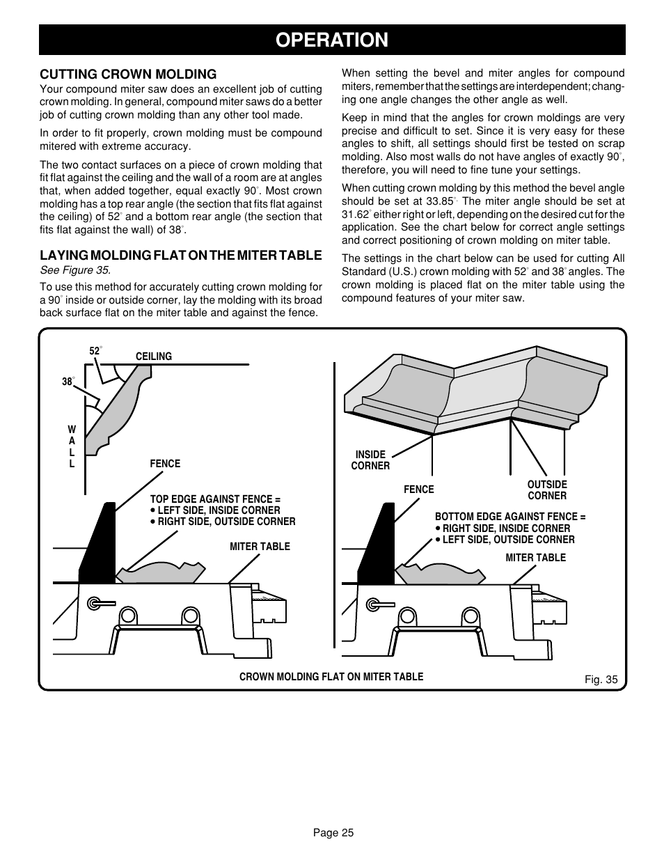 Operation, Cutting crown molding, Laying molding flat on the miter table | Ryobi TS1352 User Manual | Page 25 / 30