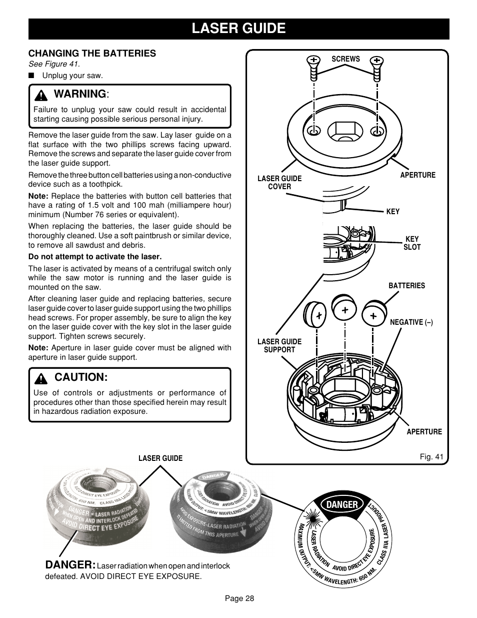 Laser guide, Warning, Caution | Danger, Changing the batteries | Ryobi TS1352 User Manual | Page 28 / 30
