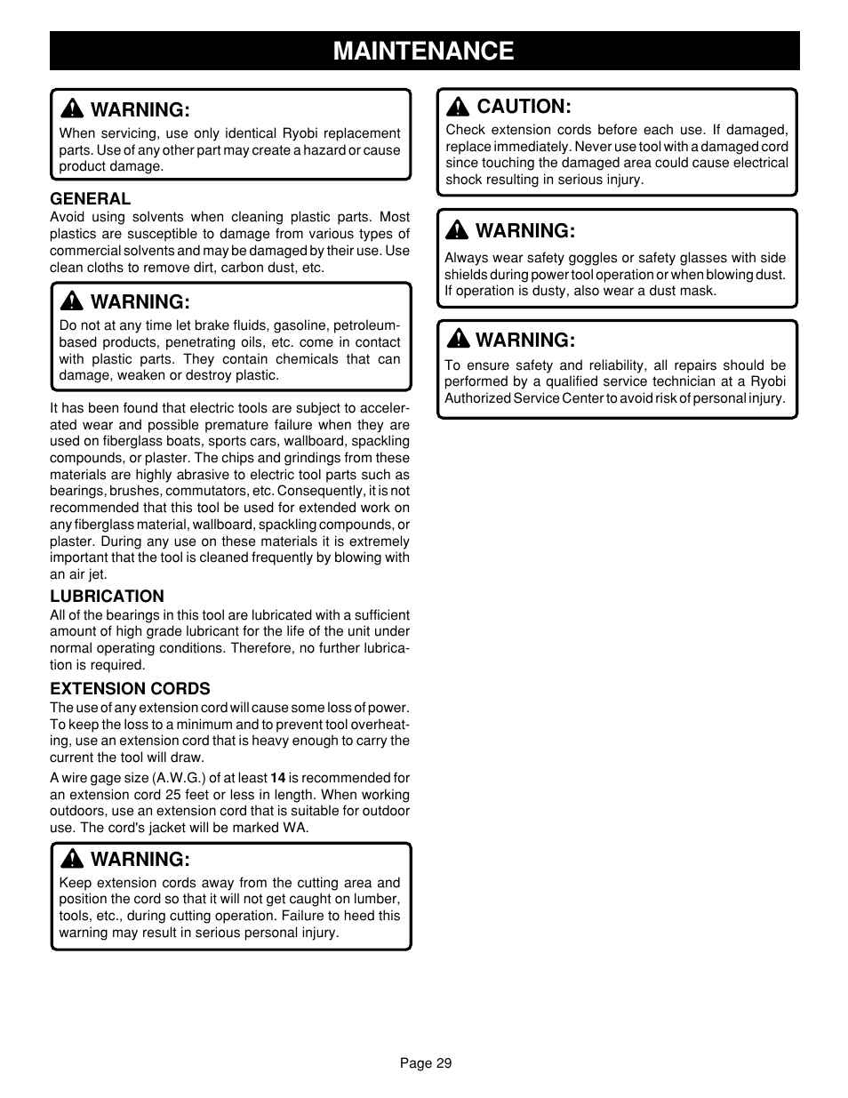 Maintenance | Ryobi TS1352 User Manual | Page 29 / 30