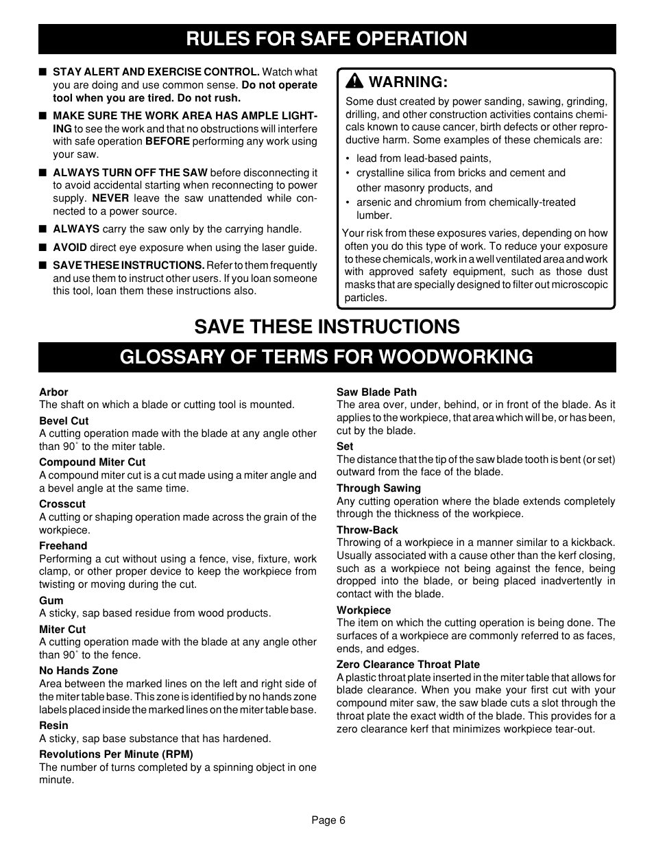 Save these instructions rules for safe operation, Glossary of terms for woodworking, Warning | Ryobi TS1352 User Manual | Page 6 / 30