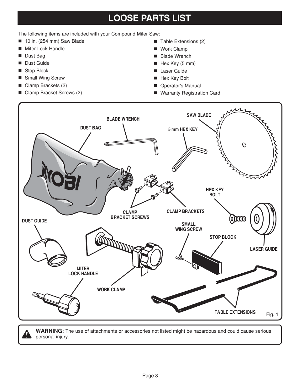Loose parts list | Ryobi TS1352 User Manual | Page 8 / 30